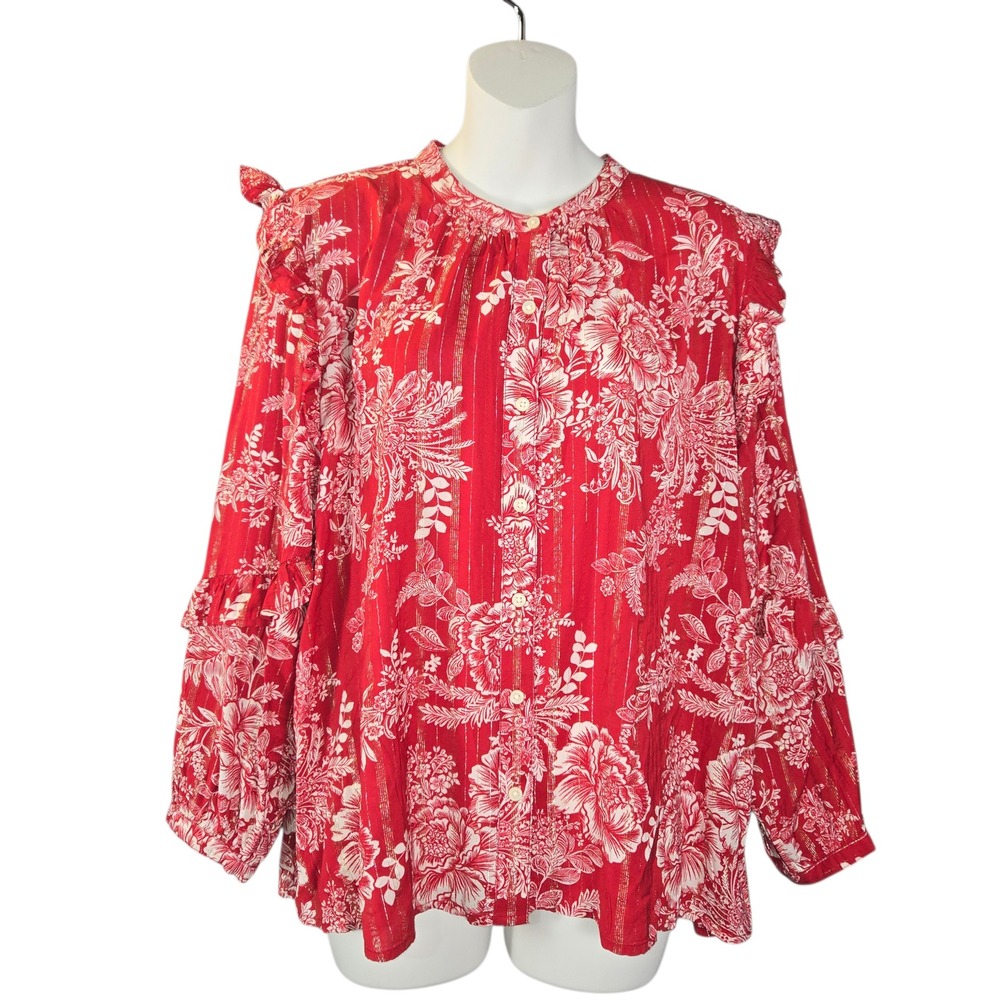 Style & Co Womens Red Floral Gold Metallic Ruffle Blouse M Romantic Festive Boho